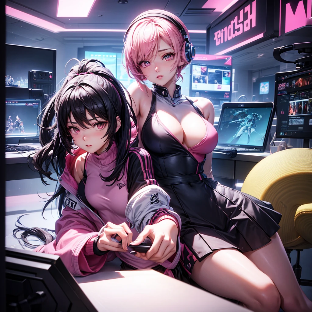 high definition 4k,An anime-style sports girl,Slim figure,Hand detail,intricate face details,black long hair,Pink pupils,wearing headphones,Put on the game team costume,Long sleeves and long skirts,sitting in front of the computer,In the background is a room with an esports atmosphere,detail-rich,Mainly black and pink color scheme,Animation-style rendering,cute 3 d render,Unreal Engine5,Stylized anime,Atey Ghailan 8 K,Stylized 3D rendering,