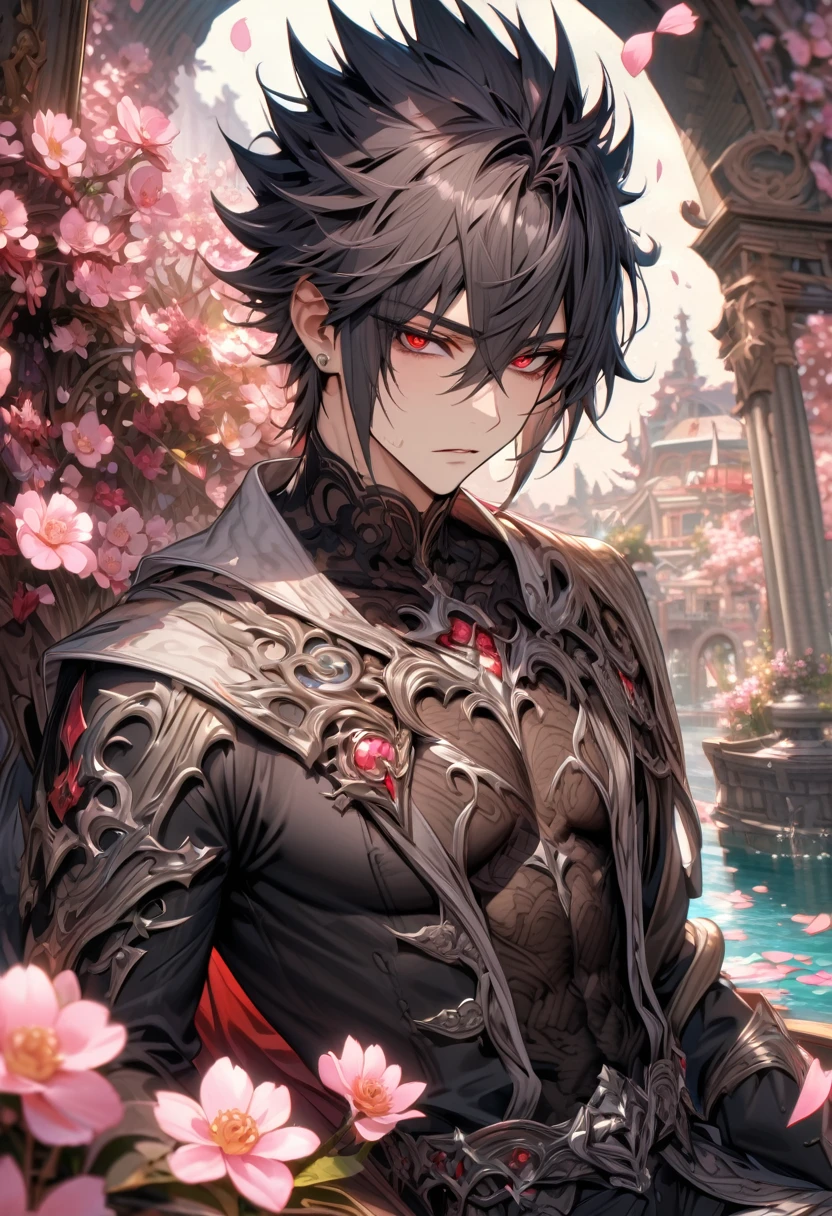 absurdres, highres, ultra detailed, HDR, master piece, best quality, Kaerius, black hair, spiked hair, hair between the eyes, expressive red eyes, Dream and Legacy, solo, sexy man, handsome, sitting, black coat, black tight T-shirt, belt around his chest, silver accessories, fantasy, pink flowers, blossoms, magical, pink petals, water