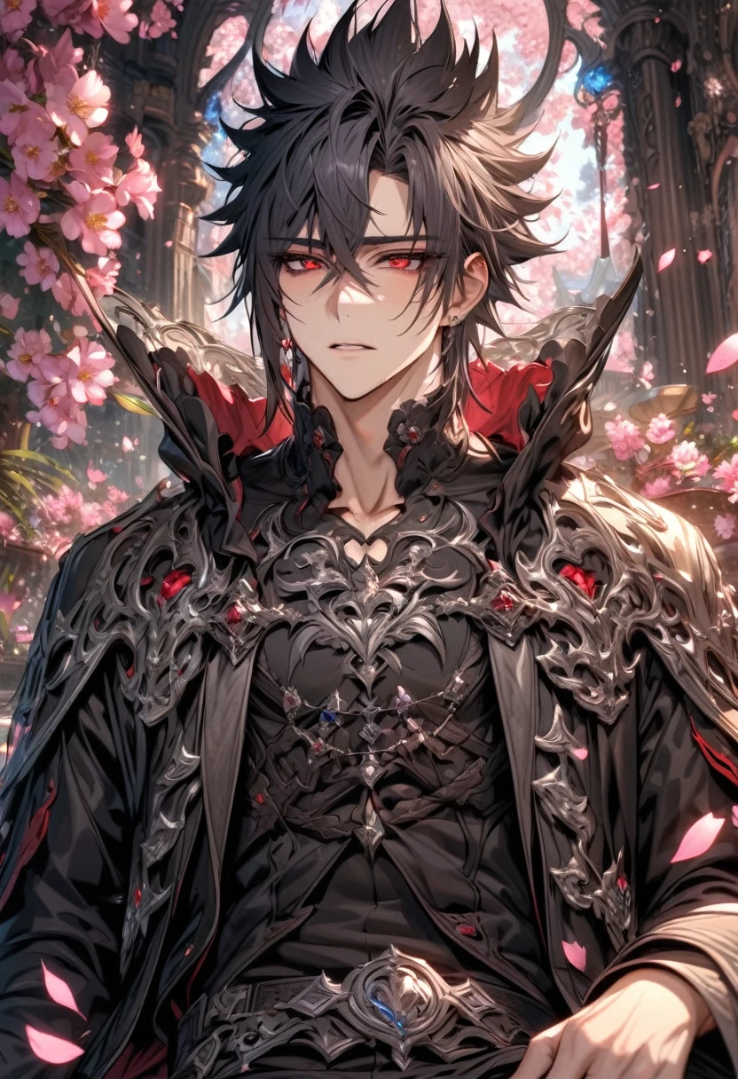 absurdres, highres, ultra detailed, HDR, master piece, best quality, Kaerius, black hair, spiked hair, hair between the eyes, expressive red eyes, Dream and Legacy, solo, sexy man, handsome, sitting, black coat, black tight T-shirt, belt around his chest, silver accessories, fantasy, pink flowers, blossoms, magical, pink petals, water