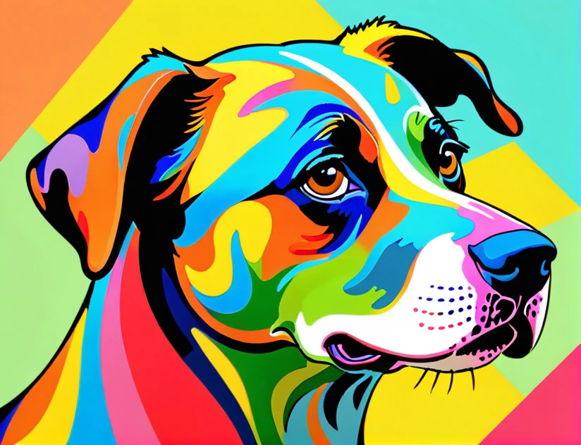 Abstract style forced dog  . Non-representational, colors and shapes, expression of feelings, imaginative, highly detailed