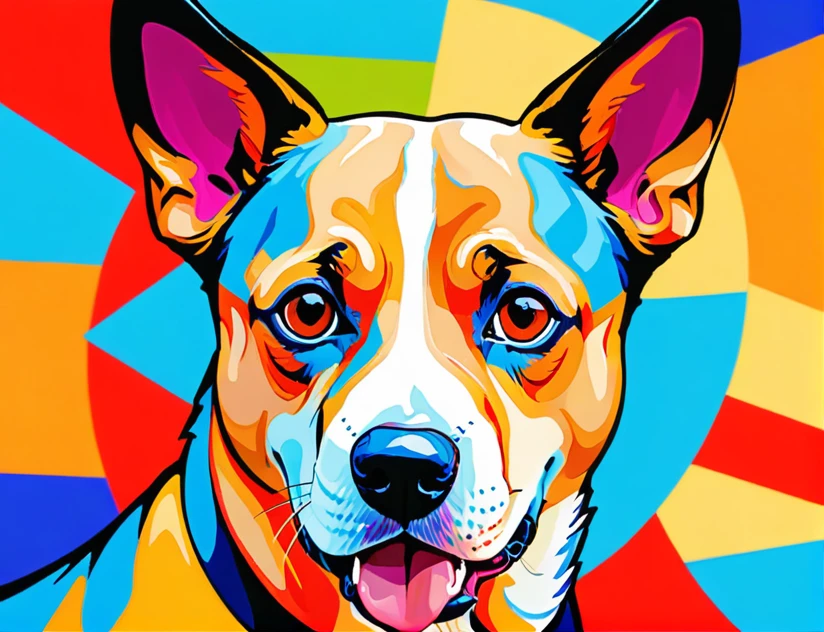 Abstract style forced dog . Non-representational, colors and shapes, expression of feelings, imaginative, highly detailed