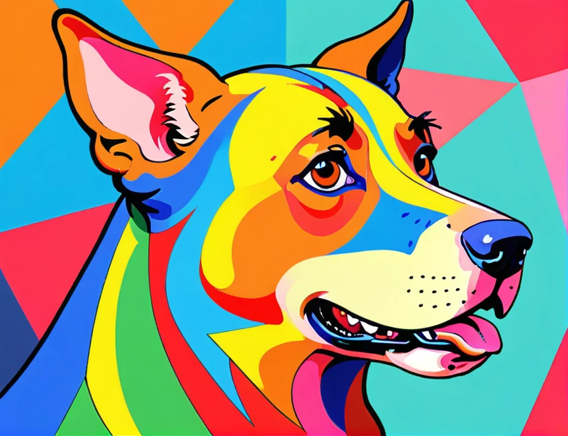 Abstract style forced dog  . Non-representational, colors and shapes, expression of feelings, imaginative, highly detailed