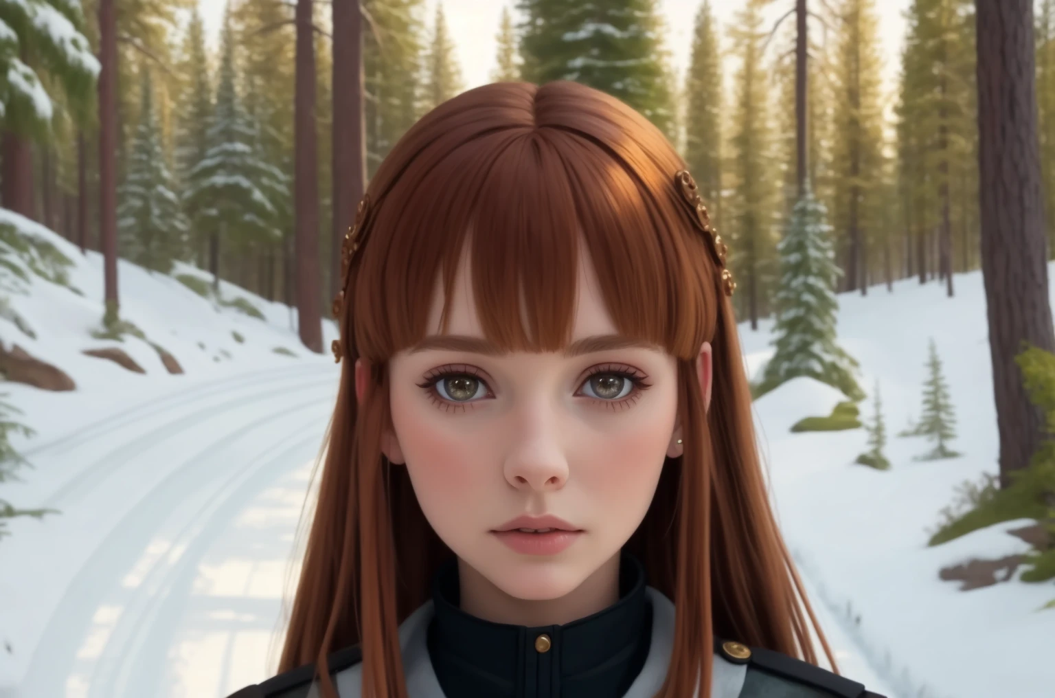  blythedoll Masterpiece, Best Quality, anything, 8k, anything, 8k,  awarded , (sharp focus, intricate, Very detailed) field cleaning, a girl with a large head and touching brown eyes, copper brown hair with blonde half bangs, forest, with horizontal septum and labret piercing 