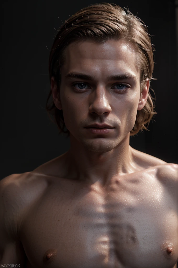 a naked man, 26 years old, dark-blonde hair, pale skin, mesomorph body, highly detailed face, detailed eyes, detailed lips, detailed nose, detailed musculature, detailed body, photo-realistic, 8k, hyperrealistic, chiaroscuro lighting, dramatic lighting, cinematic lighting, moody lighting