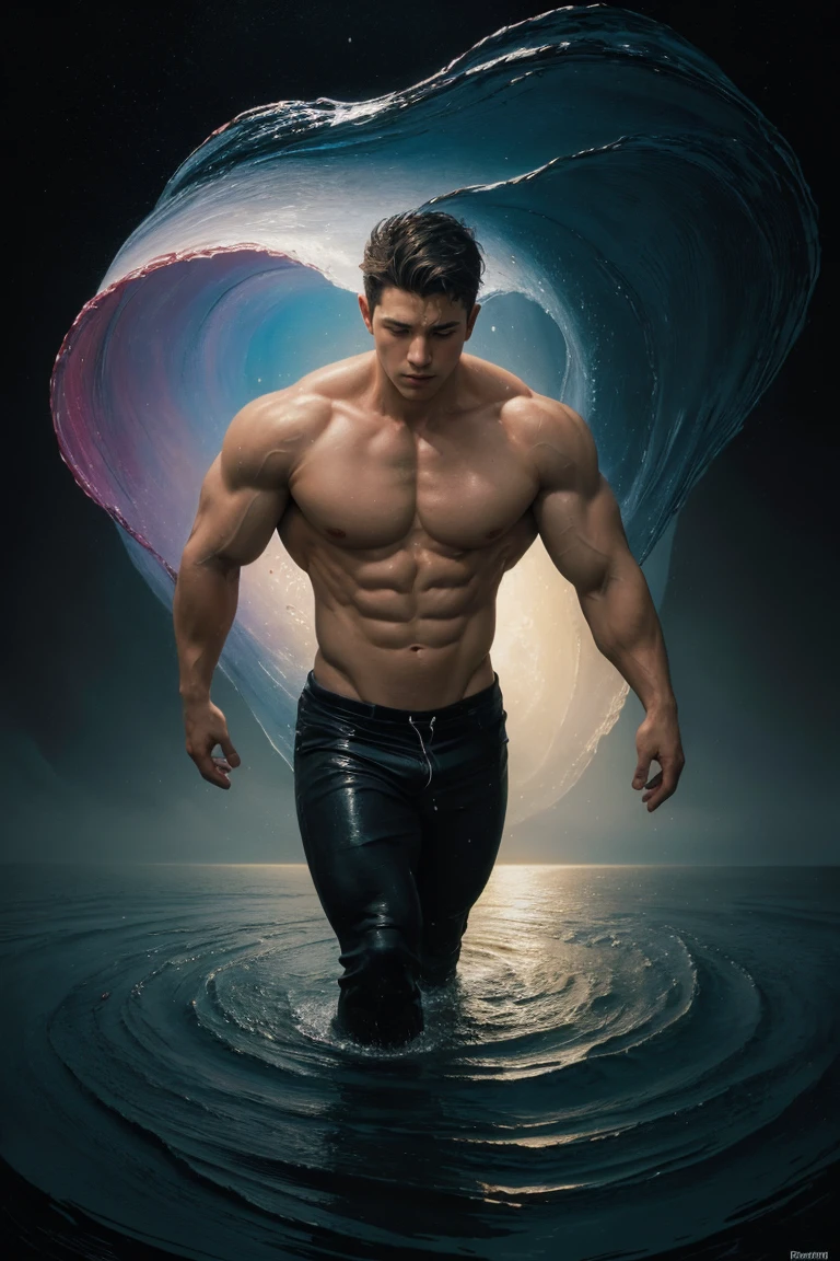The colorful water spreads, forming the shape of a tornado that swirls around a male dancer at night, dynamic composition, colorful, masterpiece, intricate details, (surreal), ((oil painting \(medium\))), fantasy art, concept art, by greg rutkowski, (muscular), (large pectorals), (puffy )