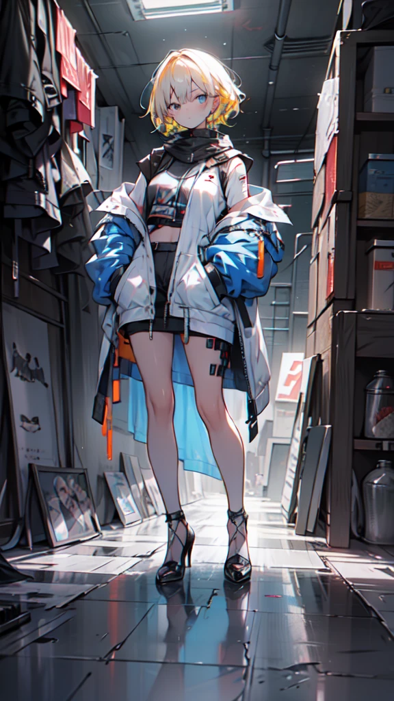 1 girl, short yellow hair, cyberpunk, Alice in Wonderland, black high heels, hand in pocket, best quality, 4k, 8k, highres, masterpiece:1.2, ultra-detailed, realistic, photorealistic, photo-realistic:1.37, HDR, UHD, studio lighting, ultra-fine painting, sharp focus, physically-based rendering, extreme detail description, professional, vivid colors, bokeh, concept art