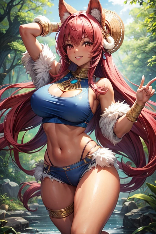 Masterpiece, Best Quality, Sharuna, very pearly white skin, tanned skin, long blue fur, short red hair, long pink hair, burlap crop top, torn clothes, bare shoulders, big breasts, whole body, Primitive village, forest, looking at the viewer, SMILE,wide torso, thick thighs,  big hips,big lump,whole body, running pose