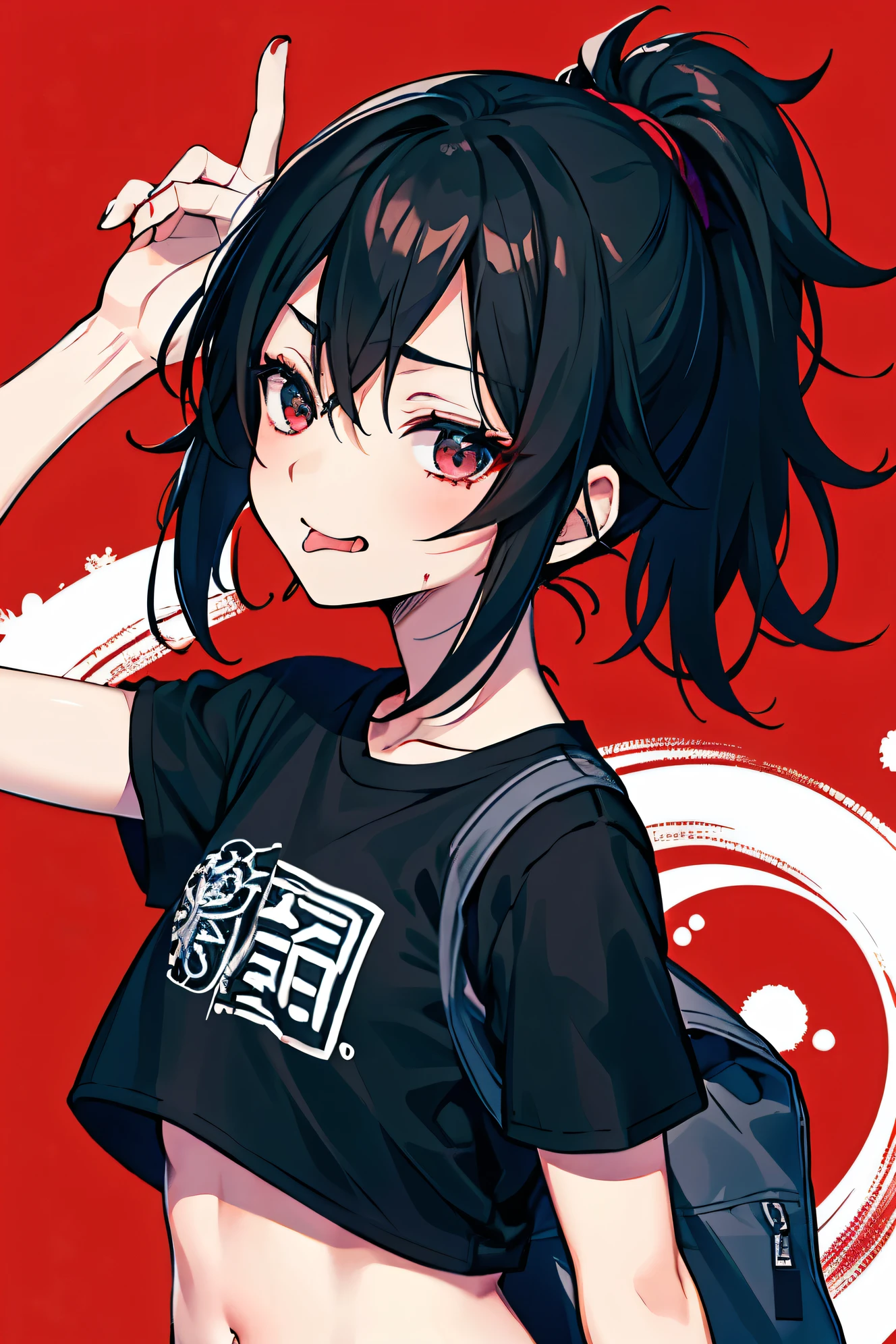 solo、A cruel motif、Dark Kanji、blood、Wearing a plain black baggy T-shirt、Black-haired woman, , Masami Kurumada style, inspired by Yukihiko Yasuda, Looking straight ahead（指でHide Your Eyes）Hide Your Eyes、 Sticking out his 、There's a five-inch nail stuck in that .、The background is a dark image、Eyes covered with fingers、