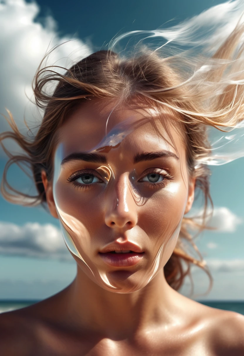 slowly evaporating and disappearing face in the air blown by the wind in a cinematic scene, photoillusion, magical illusion, digitally manipulated photo art, 8k