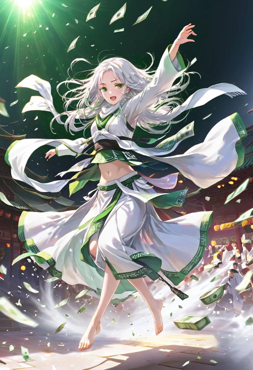 masterpiece, Highest quality, Realistic, (1 Girl: 1.3), green、Money、White clothes, Shawl Long Hair, Jump, leap, dance, green、Money、White clothes, Long skirt, Long scarf, Flowing, Light Armor, Pure white skin, Bare shoulders, whole body, (From below:1.5), martial arts, dynamics, inflammation, particle