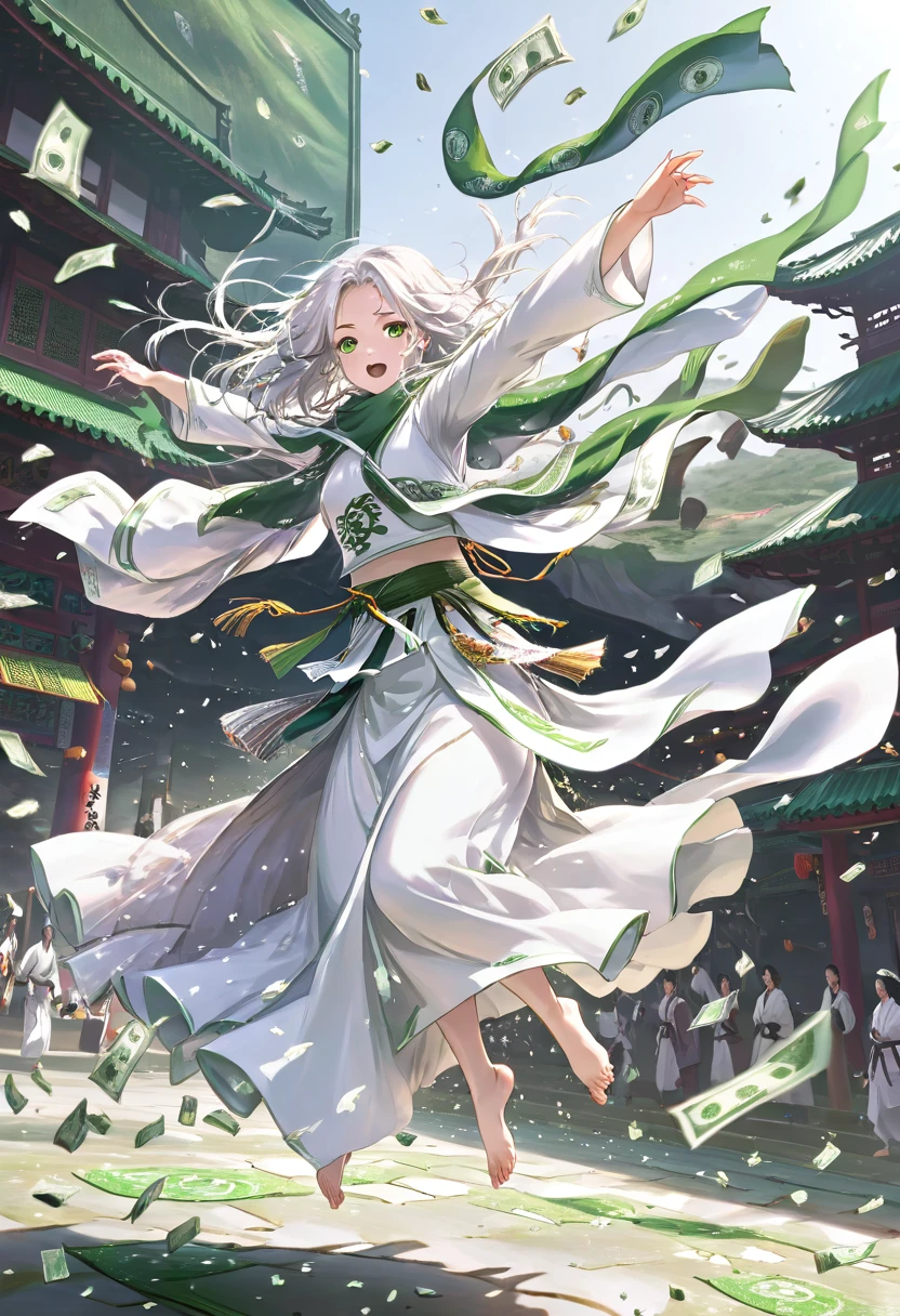 masterpiece, Highest quality, Realistic, (1 Girl: 1.3), green、Money、White clothes, Shawl Long Hair, Jump, leap, dance, green、Money、White clothes, Long skirt, Long scarf, Flowing, Light Armor, Pure white skin, Bare shoulders, whole body, (From below:1.5), martial arts, dynamics, inflammation, particle