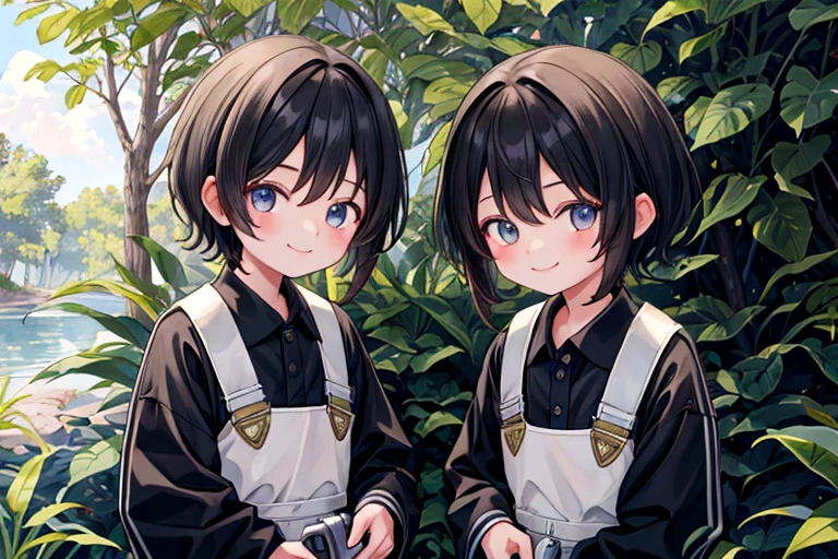 Two 10-year-old boys,Two 10-year-old girls,In nature,smile