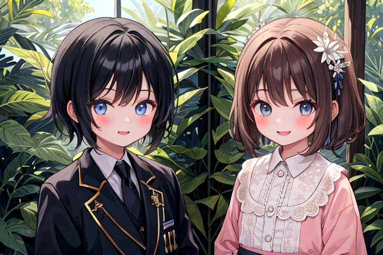 Two 10-year-old boys,Two 10-year-old girls,In nature,smile