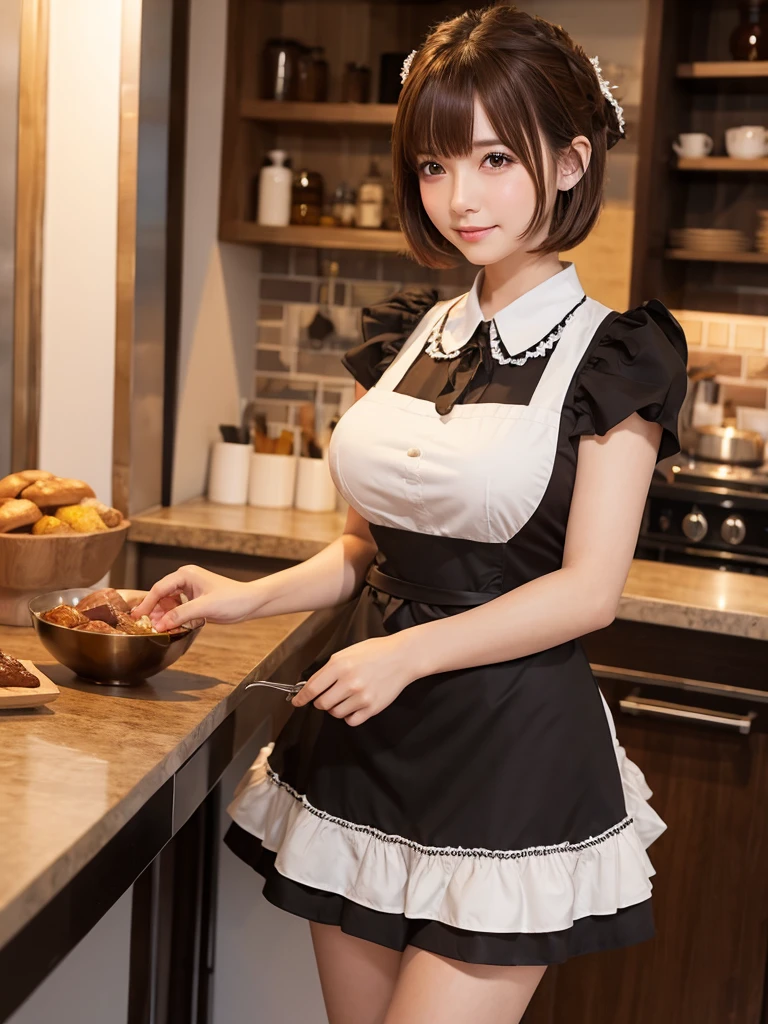 8k, masterpiece, photorealistic, close up portrait of a woman that is posing in a apron, showing side boobs, armpit, large boobs, cute face look, a bit smile, slim fit body, in the kitchen, dynamic pose, cheerful lighting