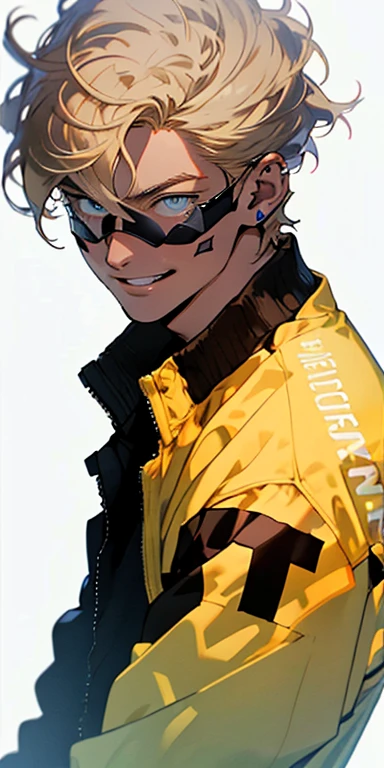 (Masterpiece, Best quality: 1.3), high resolution, best illustration, (8k resolution), 1 friendly man, hair ((pale blonde)), ash blonde hair, hair ((short)) styled with bangs, jacket, blue eyes ((bright)), ((((British)))), ((adult)), (((adult male 26 years old))), (friendly), funny smile, friendly countenance, curious expression,