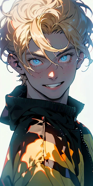 (Masterpiece, Best quality: 1.3), high resolution, best illustration, (8k resolution), 1 friendly man, hair ((pale blonde)), ash blonde hair, hair ((short)) styled with bangs, jacket, blue eyes ((bright)), ((((British)))), ((adult)), (((adult male 26 years old))), (friendly), funny smile, friendly countenance, curious expression,