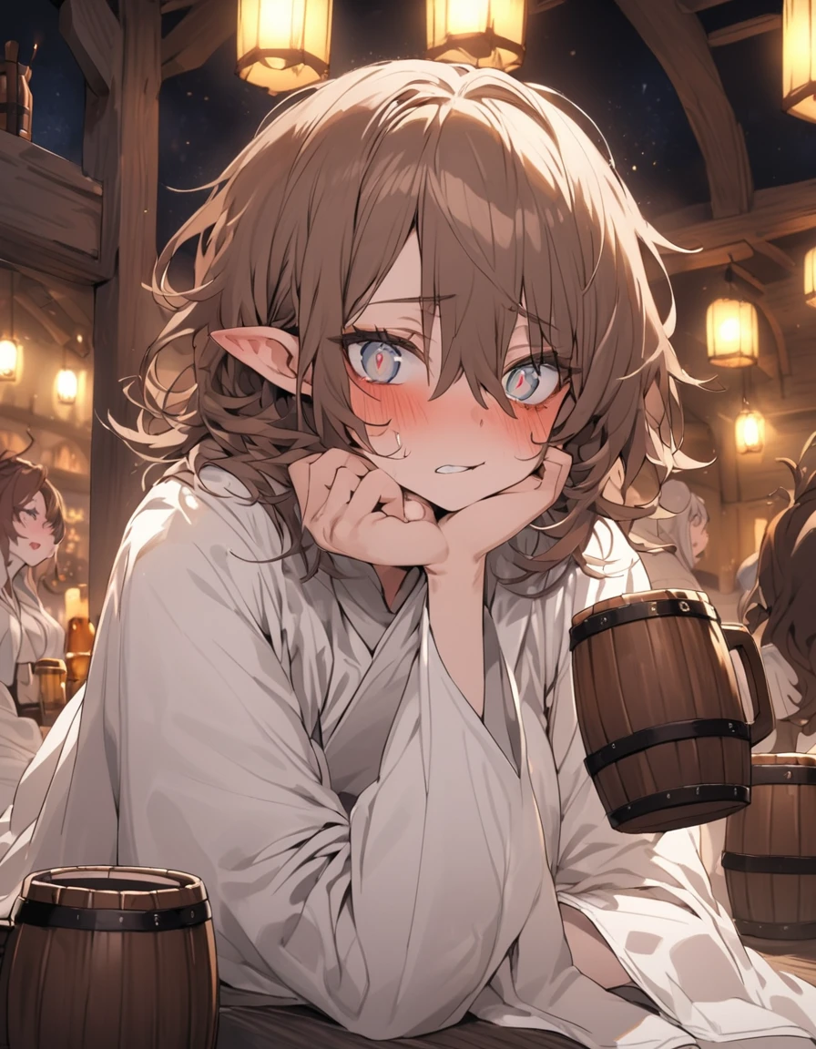 Adult Female, very short brown hair, grey eyes, scar on left cheek, drunk, white on white cleric , fantasy tavern, nighttime, mixed patrons, drinking from tankard, not looking, far away, apathetic, highly detailed, high quality, perfect anatomy, tired, messy hair, perfect eyes, vibrant eyes