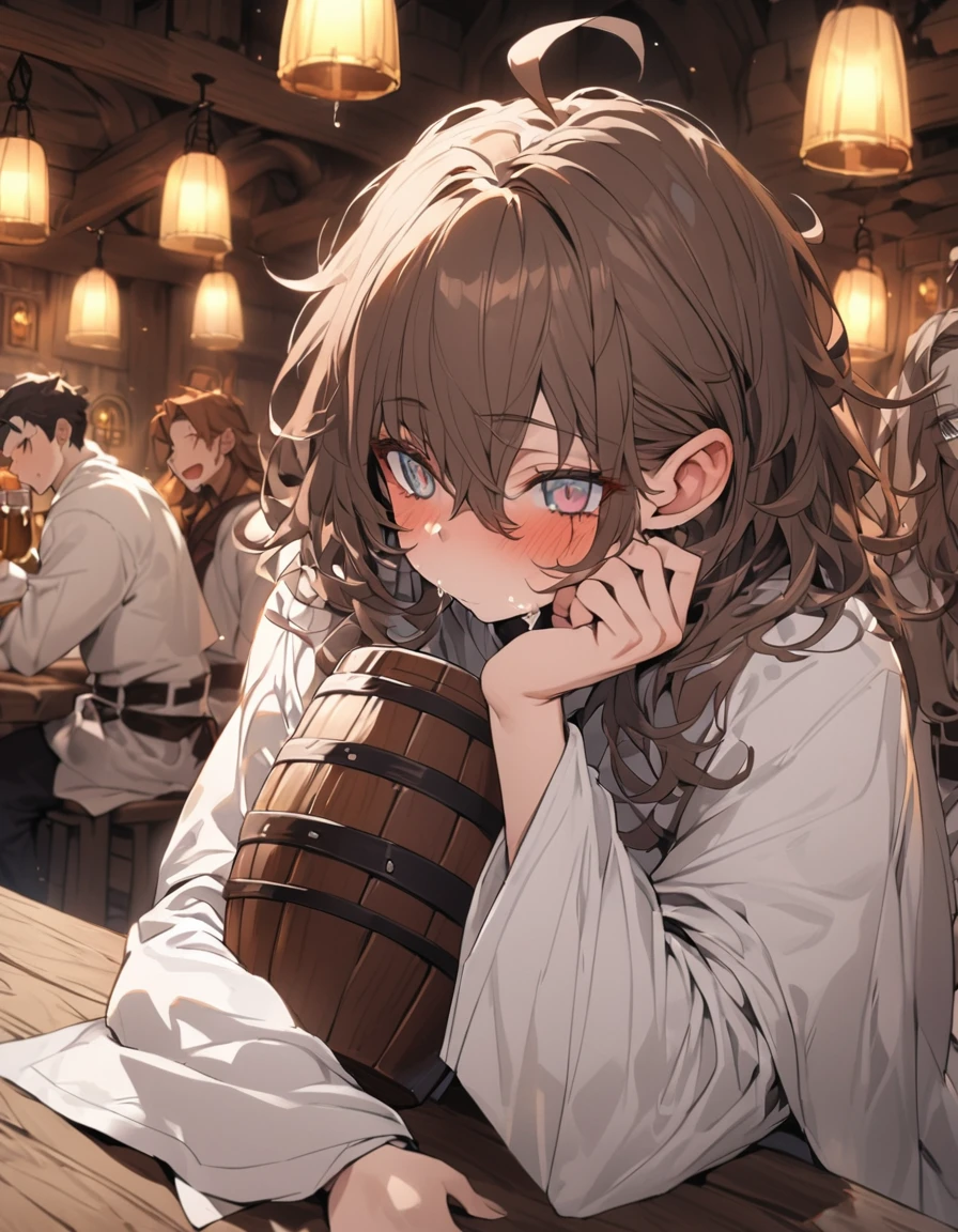 Adult Female, very short brown hair, grey eyes, scar on left cheek, drunk, white on white cleric robes, fantasy tavern, nighttime, mixed patrons, drinking from tankard, not looking, far away, apathetic, highly detailed, high quality, perfect anatomy, tired, messy hair, perfect eyes, vibrant eyes