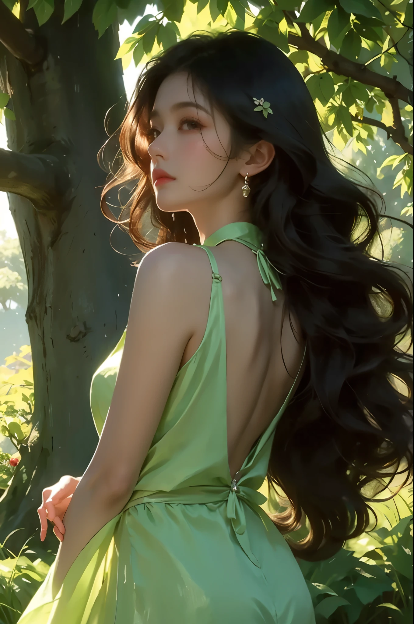 A girl with long black curly hair sits under a big tree，With your back against the trunk，Looking into the distance，In the flowers