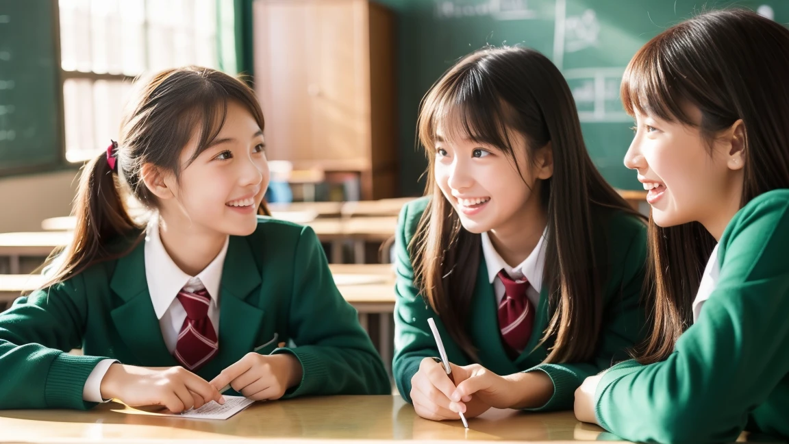 Three high school girls chatting in a classroom、Looks like a lot of fun、All three are cute