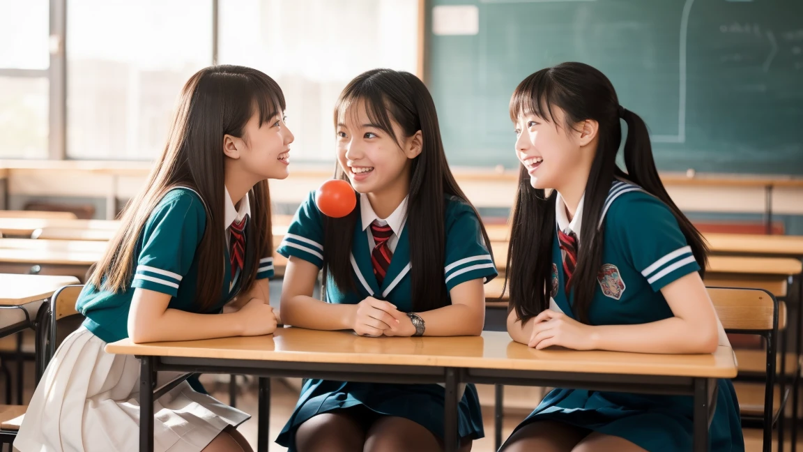 Three high school girls chatting in a classroom、Looks like a lot of fun、All three are cute