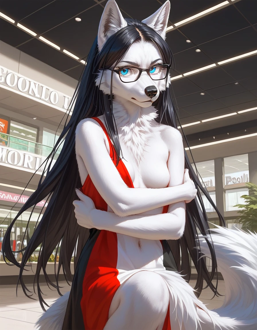 Solo, score_9,score_8_up,score_7_up, (a young nerdy Anthro furry wolf woman, wolf snout, black nose, white furry body, white fur, detailed fur, tall, long black hair, straight black hair, white wolf tail, blue eyes, black glasses, white wolf ears, white wolf tail, small breasts, wearing black trendy romper), standing, outdoors at a mall, front view, cutely pouting, hugging herself, 