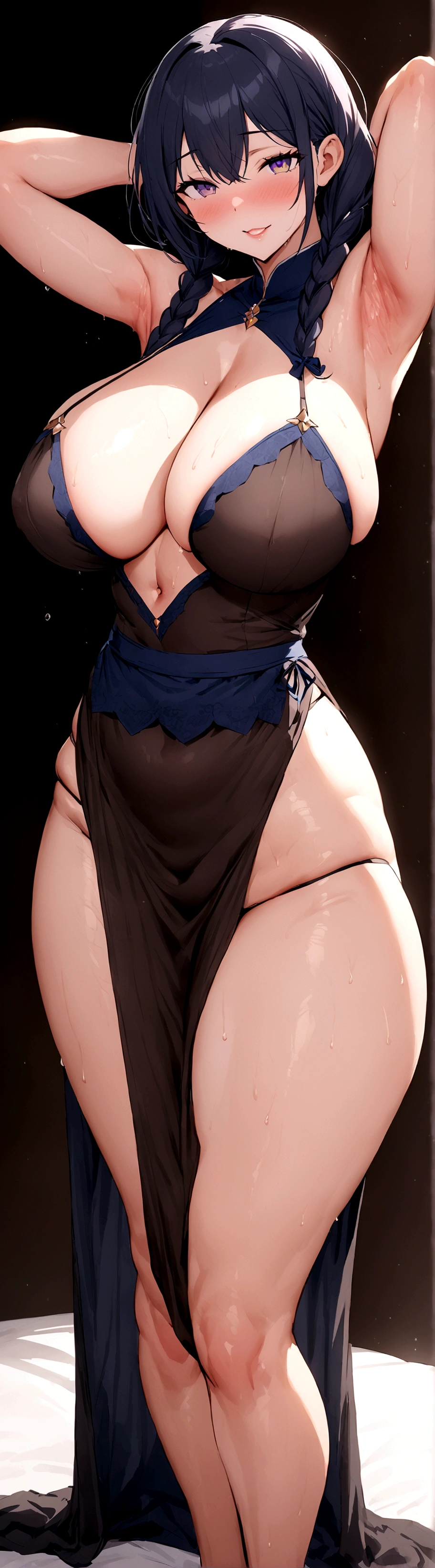 (SFW:1.3),Hot ,solo,(Masterpiece:1.3),thick thight,upper legs,Wide butt detailed hair,curlies,smile,cheerfulness,(Blue lace apron:1.2, tight clothes),parted lips,gigantic cleavage brea(perfect rmpits:1.2)),Large curved hips,bend down pose,Stick out a very long tongue,Fleshy figure,with perfect legs,Hypertrophic,Detailed,Wrinkles,Eyes look at the viewer,A shy look,Blushing aunt,Two braids,Smooth skin,Very meticulous clothes,Intriguing set,extremely high detail,A detailed face,Gloss on lips,bronze,bedridden,super breasts,Feminine and colorfu
