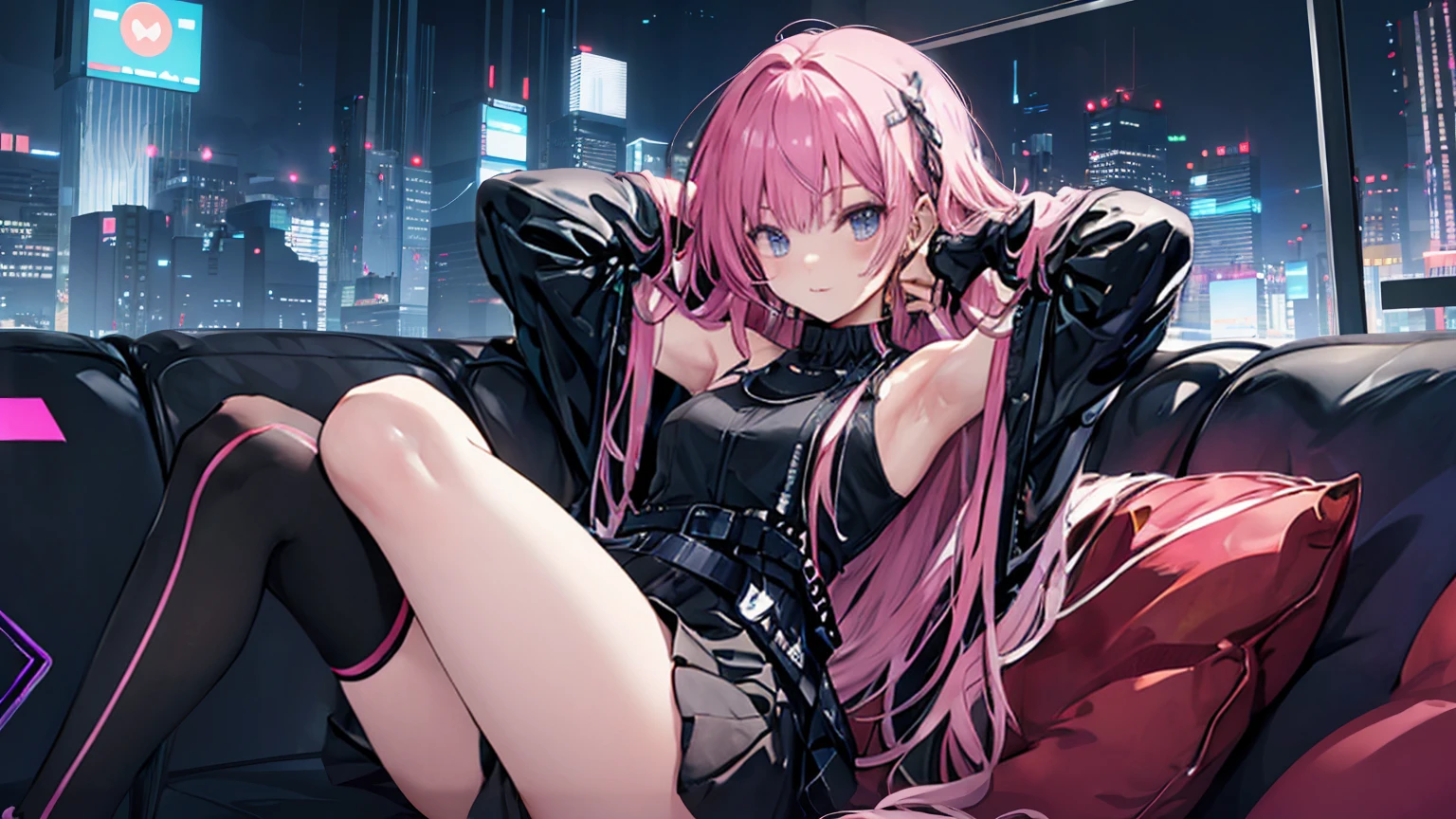 a girl,solo,Mitsukasa Aase,long pink hair,gentle,smile,medium-hair long,straight_hair,(((bare shoulders))),black skirt,black gloves,cyberpunk characters,night,night city background,Digital punk,anime style 4k,Sitting on the sofa,indoors,in bedroom,armpits,kneehighs,arms_up,kind_smile,blush,sleeveless,sweat,full_shot,