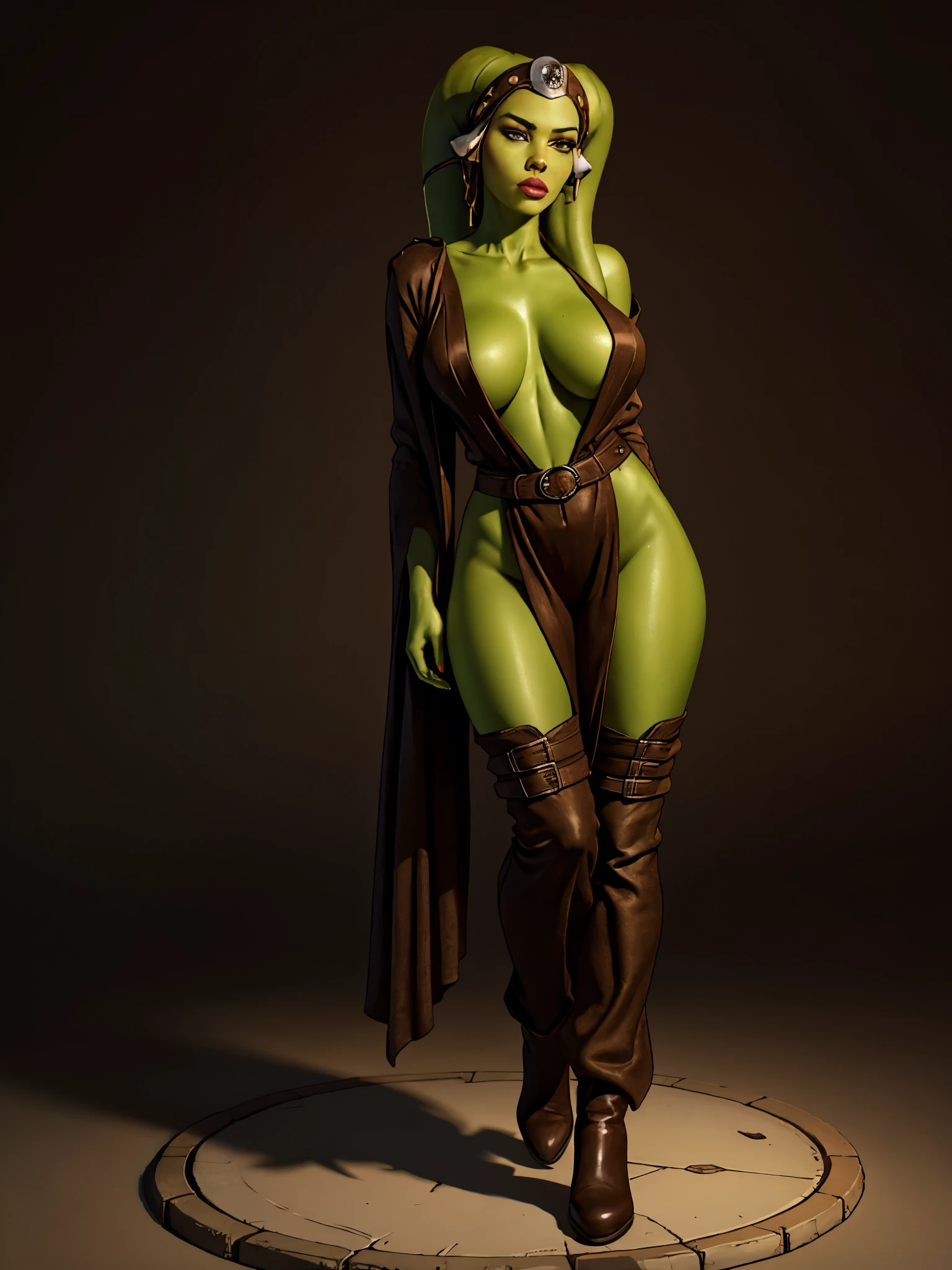 (best quality, ultra quality, cinematic still, work of masters, masterpiece, ultra detailed), 1girl, (((green skin))), sexy Twi'lek, (((super detailed beautiful face)), feminine body language, 25 years old, timid expression, (big saggy breasts), titsonastick, supermodel thin body, narrow hips, narrow thighs, dressed in modest style, wearing dark brown full body robes, with a beige tunic, loose trousers, long boots, brown cloth, buckles, straps, Star Wars, lekku markings, bimbo lips, extreme detail, skindentations, most beautiful girl in the world, perfect proportions.