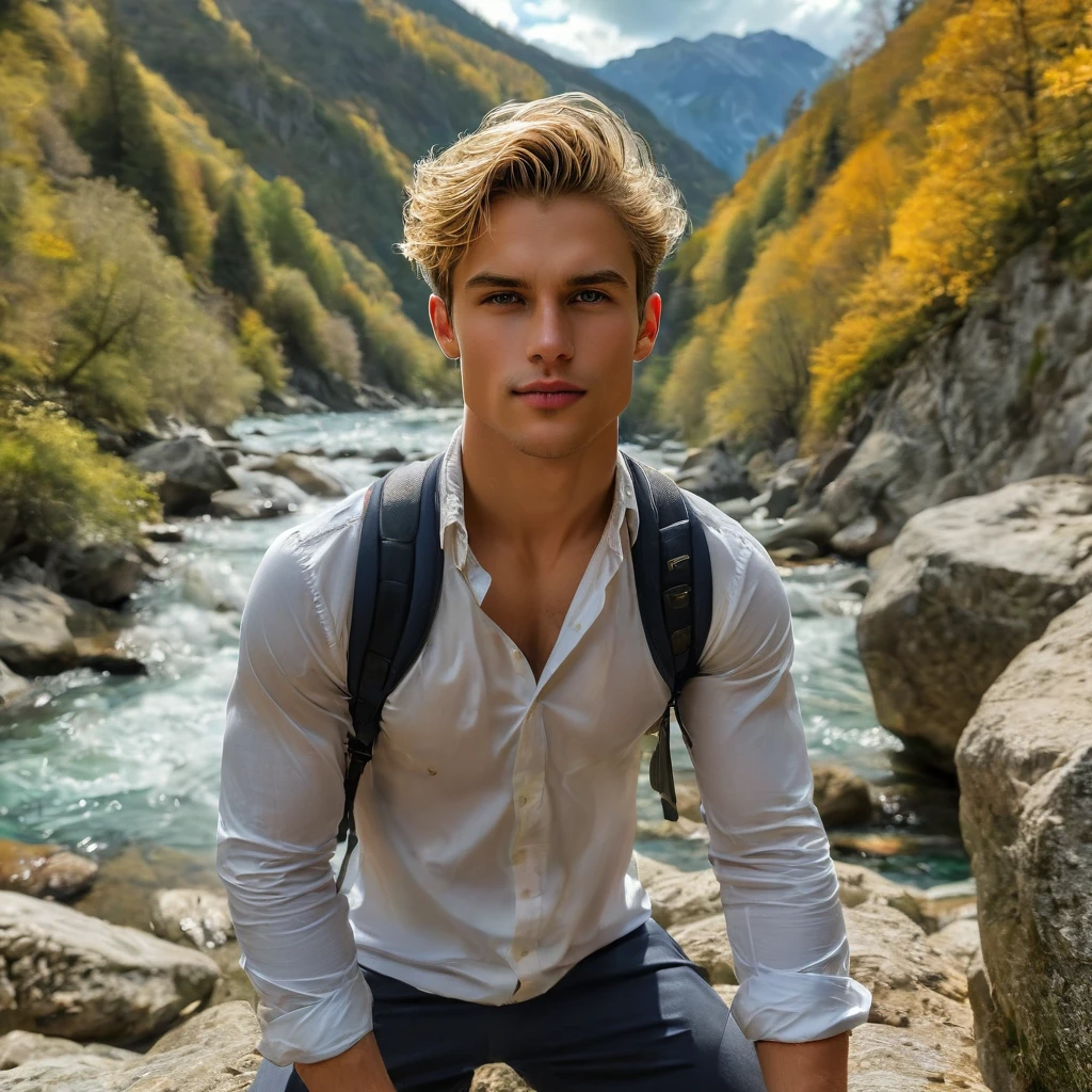 Behold a fashion editorial photo shoot featuring a photogenic and charming bleached blonde hair, 23 years old male supermodel, skinny and slender body, pretty cute young face, wearing fit legging pants and hiking backpack, (semi hard bulge), at hiking trail, outdoors, full of wild flower, Switzerland mountain background, interesting dynamic view, amazing composition, HDR, volumetric lighting, ultra quality, elegant, highly detailed, masterpiece, best quality, high resolution, portrait, male focus, solo focus, The photograph is taken with a Canon EOS R camera using an 85mm f/1.8 lens at an f/2.2 aperture, utilizing natural light. Employing three-point lighting and incorporating 3D animation shadows enhances his features and adds depth to the composition. The careful layering and arrangement of his body parts and surrounding objects ensure a flawless composition. This masterpiece celebrates the beauty of the male form and invites viewers to immerse themselves in a world of sophistication and charm. The seductive lighting and intricate details, combined with a dramatic composition, invite viewers to revel in the essence of a fun-filled day, brimming with joy and relaxation. Attention is meticulously paid to the layers and arrangement of his body parts and surrounding objects, ensuring correct body structure and photo distance. The romantic atmosphere, paired with a lively and extremely gorgeous background, enhances the overall allure of this exquisite image.