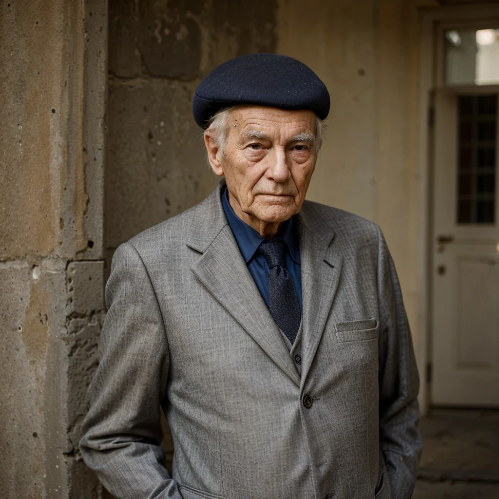Create an image of an elderly gentleman, looking wise, wearing a beret and formal clothes.