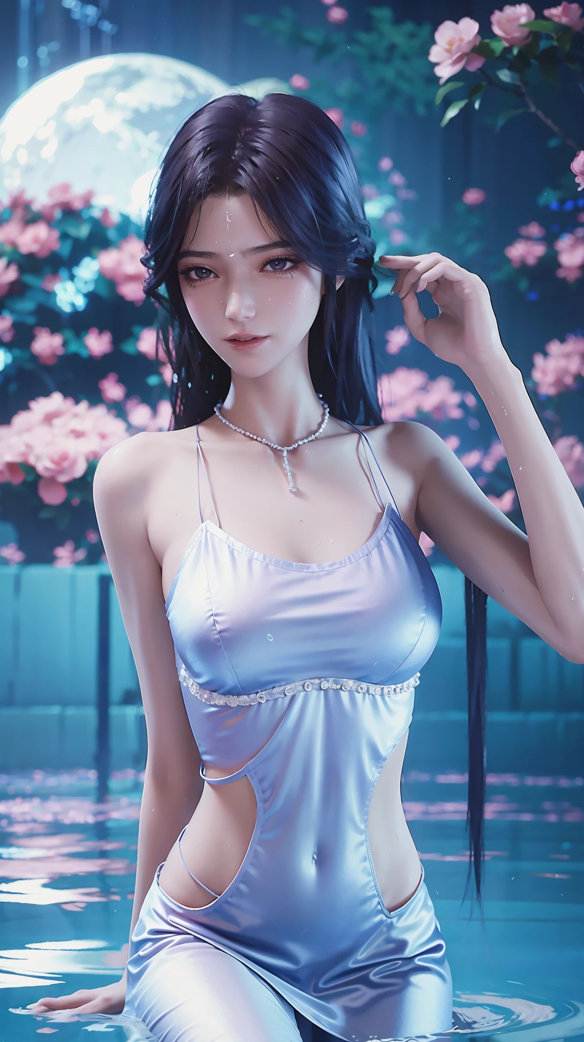1girl sitting cross-legged on water surface, wearing sailor uniform, full shot, full capture, barefoot, long legs, wet body, water droplets on body, flower rain, draped in sheer fabric, legs together, brushing back hair, (best quality,8k,highres,masterpiece:1.2),ultra-detailed,(realistic,photorealistic,photo-realistic:1.37),HDR,UHD,studio lighting,ultra-fine painting,sharp focus,physically-based rendering,extreme detail description,professional,vivid colors,bokeh,portraits