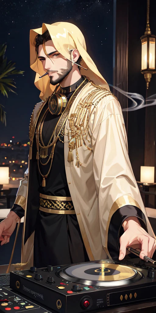 top-Quality, Arabian night, hair, golden eyes, thin beard, smoking, young man, headphones around his neck, Arabian clothes, DJ