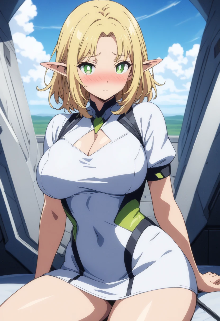 anime art style, masterpiece, best quality, very aesthetic, absurdres, dynamic shadows, atmosferic, marcilledonato, ((1girl)), blonde hair, medium hair, parted bangs, green eyes, detailed eyes, bright pupils, pointy ears, curvy body, large breasts, sexy, ((futuristic clothes)), white hoodie, cutout on cleavage, short sleeves, miniskirt, wings, borrowed, embarrased, intense blush, ((cowboy shot)), (from front), (sitting), sky, clouds, (looking at viewer:1.0)