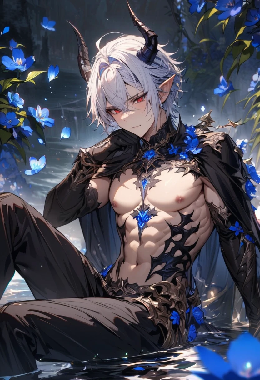 Ultra detailed, highres, absurdres, HDR, master piece, Krozseria, white hair, short hair, expressive red eyes, Demon Fantasy, blue petals, blue flowers, water, black cape, sexy man, solo, best quality, blossoms, blue shining fireflies, toned chest, black horns, fantasy, black horns, black gloves, sitting, black pants