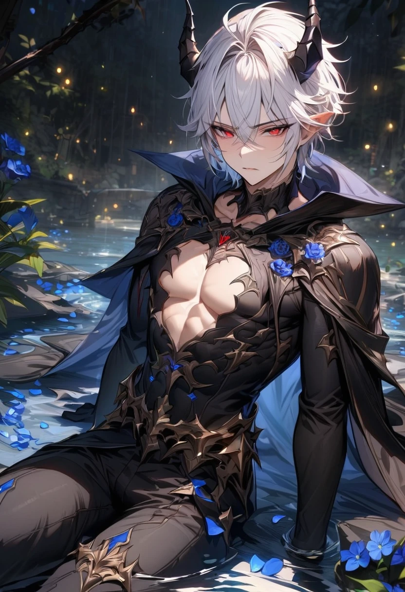 Ultra detailed, highres, absurdres, HDR, master piece, Krozseria, white hair, short hair, expressive red eyes, Demon Fantasy, blue petals, blue flowers, water, black cape, sexy man, solo, best quality, blossoms, blue shining fireflies, toned chest, black horns, fantasy, black horns, black gloves, sitting, black pants
