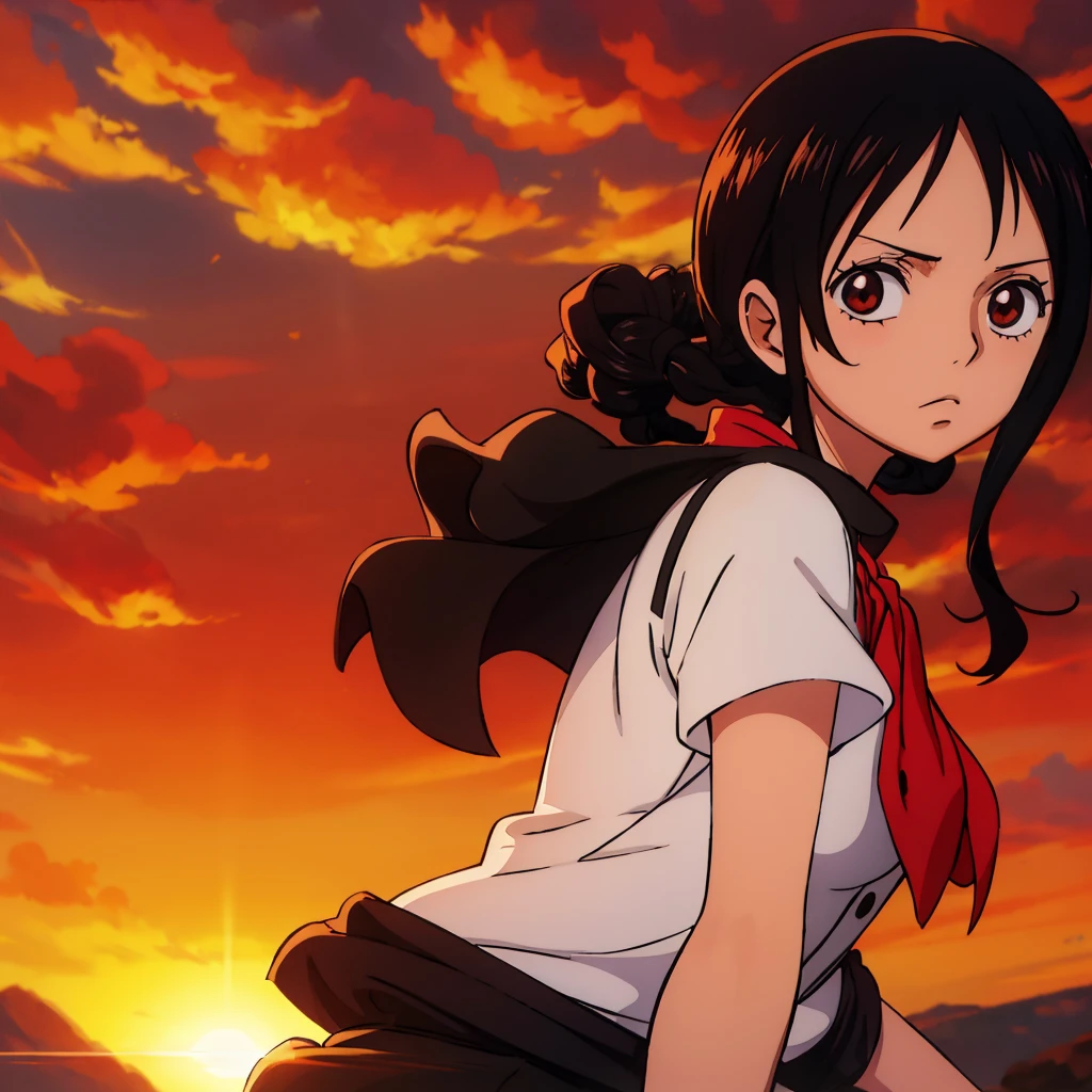Anime Girl One Piece Short Wavy Black Hair Brown Eyes Wearing Journalist Uniform Warm Lighting Afternoon High Quality Hd Land of Wano Art Style