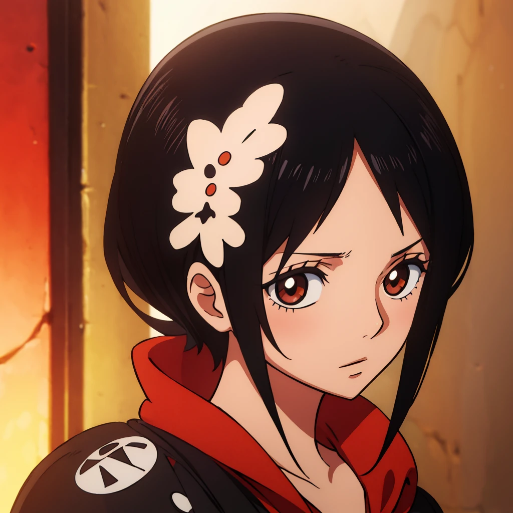 Anime Girl One Piece Short Wavy Black Hair Brown Eyes Wearing Journalist Uniform Warm Lighting Afternoon High Quality Hd Land of Wano Art Style