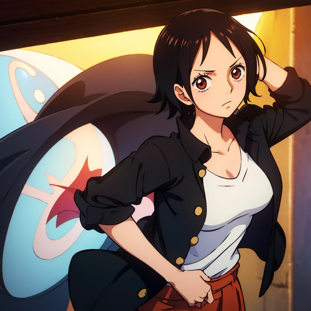 Anime Girl One Piece Short Wavy Black Hair Brown Eyes Wearing Journalist Uniform Warm Lighting Afternoon High Quality Hd Land of Wano Art Style 