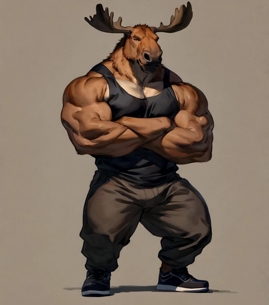 (solo,furry,anthro), male, standing, front view, hyper muscular body, massive muscles, Moose, wearing black tanktop, wearing tan pants, wearing black sneakers, wearing black wristbands, crossed arms, full body shot, simple image background, by bebebebebe:1.2, by buta99, by foxovh, by ruan jia