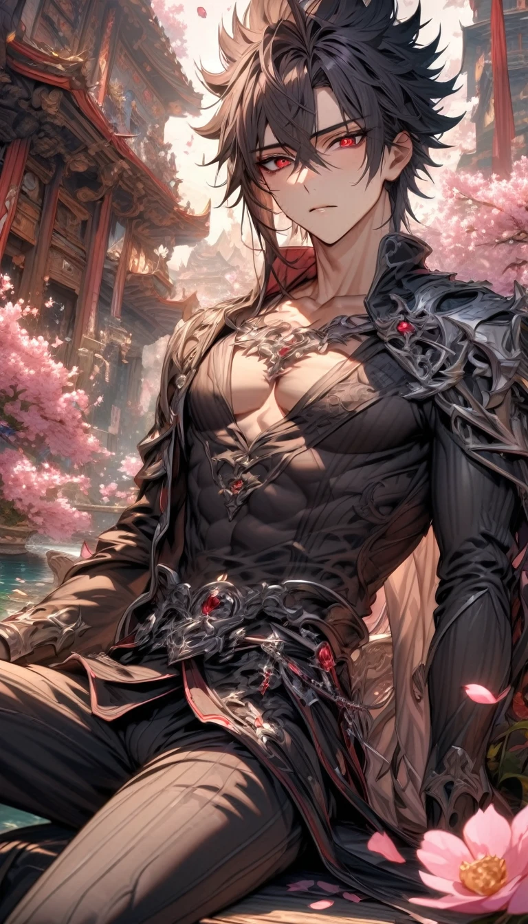 absurdres, highres, ultra detailed, HDR, master piece, best quality, Kaerius, black hair, spiked hair, hair between the eyes, expressive red eyes, Dream and Legacy, solo, sexy man, handsome, sitting, black coat, black tight T-shirt, belt around his chest, silver accessories, fantasy, pink flowers, blossoms, magical, pink petals, water