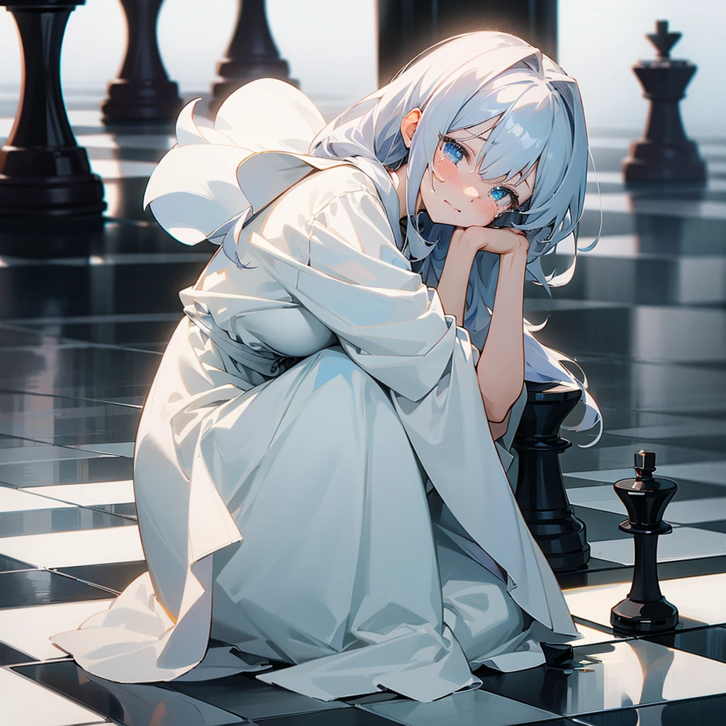 Anime girl sitting down, crying, white dress, black space on background, chess tiles on floor