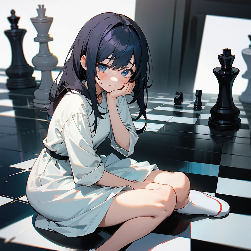 Anime girl sitting down, crying, white dress, black space on background ...