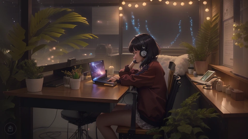 A woman is sitting at a table with a laptop, Lofi Artstyle, Lo-fi Girl, Lo-fi Girl aesthetic, Lo-fi aesthetic, Lo-fi feeling, Lofi Art, Inspired by Atei Gailan, Anime Aesthetics, Atei Gailan Style, Lo-fi illustration style, Portrait of Rofi, An atmosphere of praise