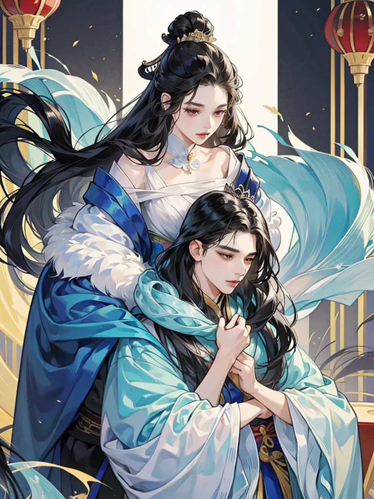best quality、outstanding、A couple、The man hugged the woman from behind、Black hair,Hairstyle、China,Hanfu、Emperor and concubines、Beautiful and delicate face、HD、Light and Shadow、High quality details、The art of math、Digital illustration、4K