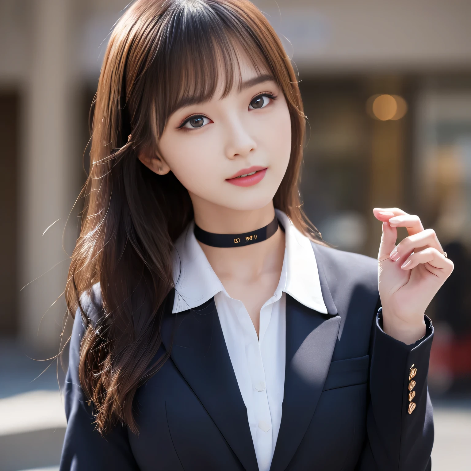 ((Highest quality, 8K, Representative works in detail, Ultra-high resolution)), (Looking at the audience), ((Female students listening to the lecture)), Attractive woman, ((Big Breasts)), smile, ((Black Choker)), Slim figure, (blue eyes), Long eyelashes, bangs, Beautiful shiny brown hair, Nogizaka idol, Slim face、((business suit,uniform))、Dependents、Female student、((Round Table))、Perfect Makeup、Elegant woman、Satin semi-transparent shirt,Noble daughter,Luxury accessories