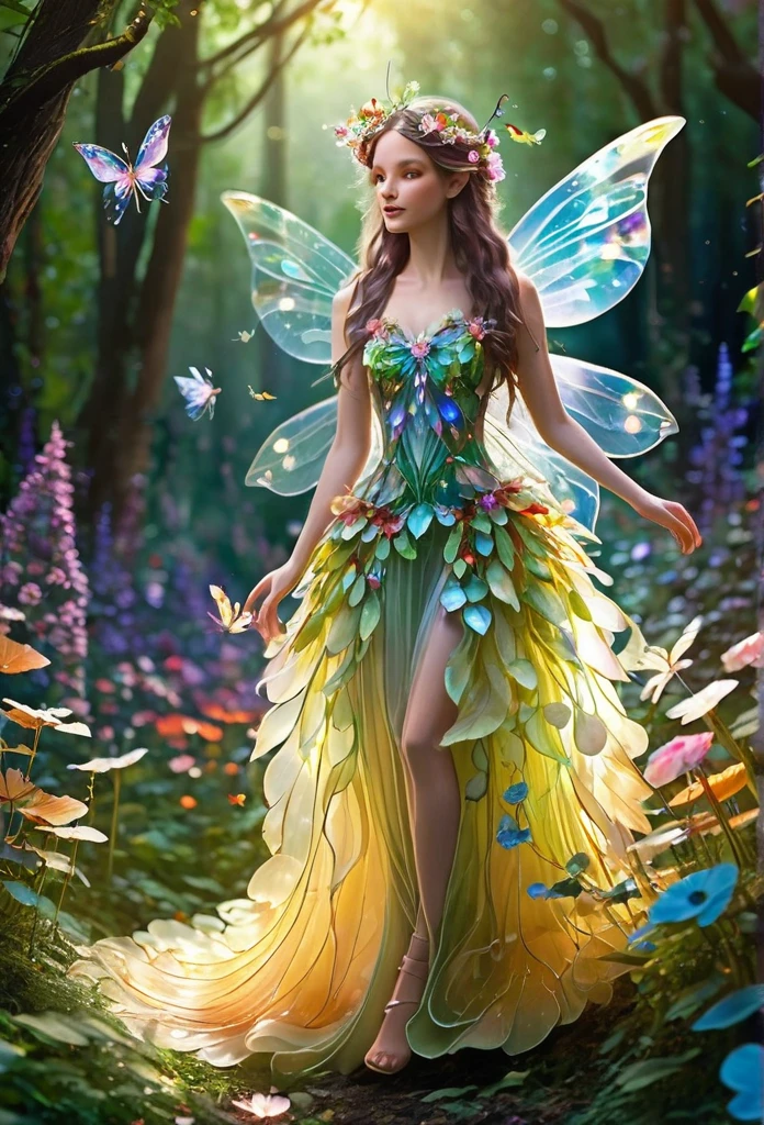 beautiful fairy,fully body, dress made of flower petals transparent, decorated with precious stones,dragonfly wings,elf ear,she walks in the forest,surrounded by flowers,her long hair decorated with flowers emanating lights,lighting the way,around you butterflies,high qualiy,work of art, magical scenery,refined details