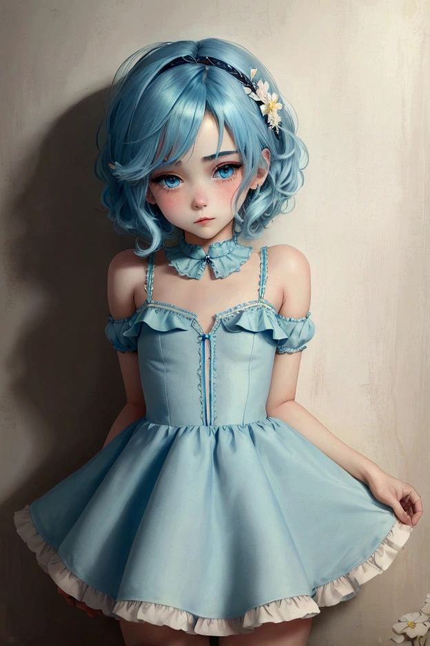 ((best quality)), ((masterpiece)), (detailed), femboy, blue aqua hair, blue eyes,short hair,( flat chest), thin body, big butt, cute face,blush on face, smile face, frilled dress, short dress, red color dress, sexy pose, hot pose, globe background 