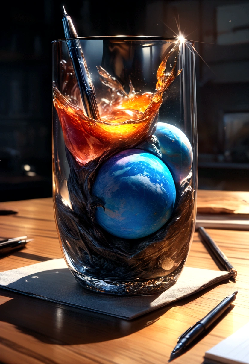 The Universe in a Cup, The entire universe exists inside a crystal......, Planets and galaxies in glass, Wooden Dining Table, Ultra-realistic, Very detailed, Dramatic lighting, 4K, Ultra HD, Realist, Bright colors, and, UHD Drawing, Pen and ink, Perfect composition, beautifully、Intricately detailed、Incredibly detailed octane makes art station trend, 8K Art Photography, Arte conceptual fotorRealist, Perfect cinematic light with soft, natural volume