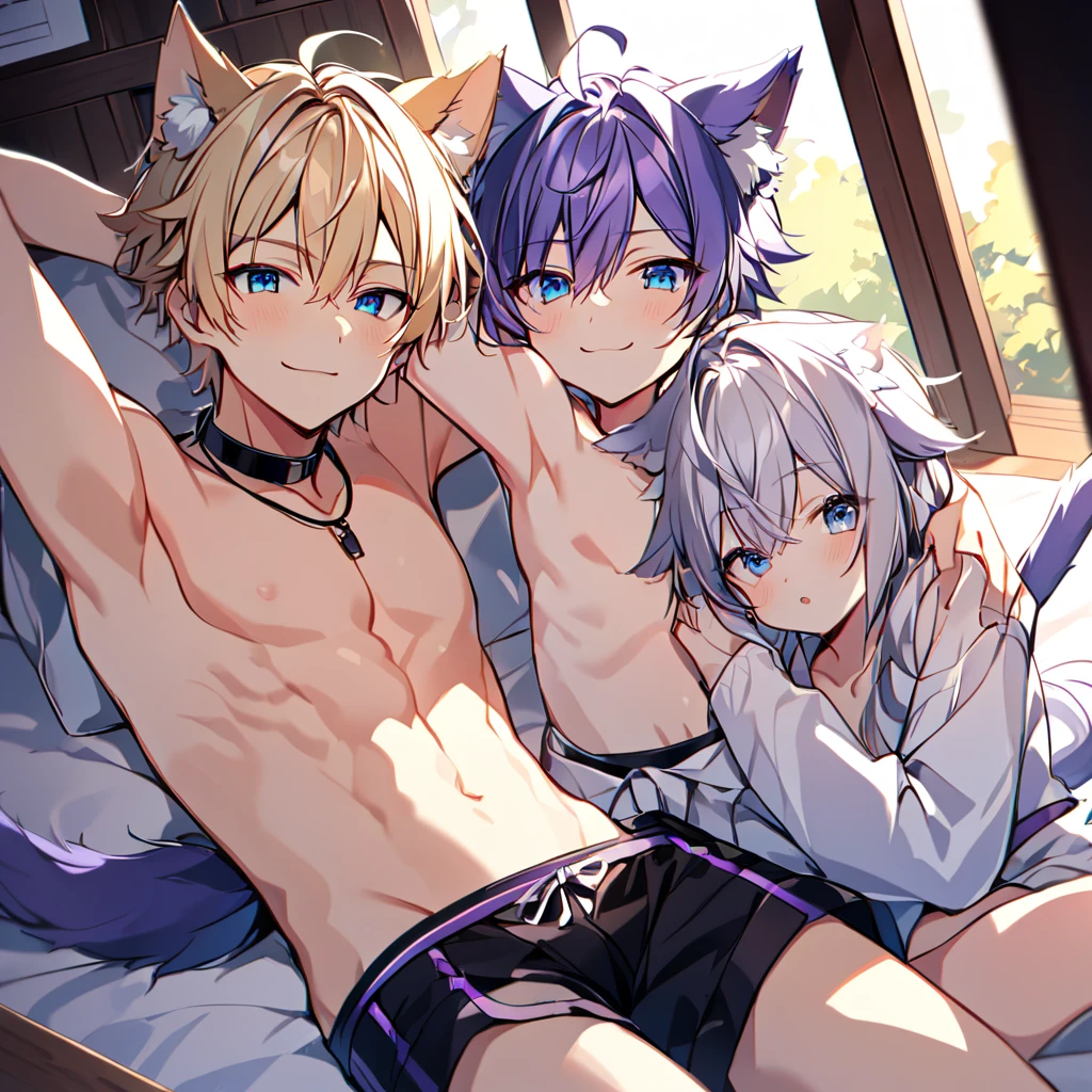 art style of mo dao zu shi hybrid character with wolf ears,masculine and dominant gender, short wolfcut white hair , purple raven iris eyes,pale skin,mature appearance and pale body, thin and delicate. Do it in a wooden bathtub with hot water with a smile wearing underwear